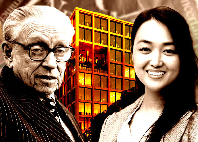 From left: Silverstein Properties' Larry Silverstein and New York City Councilmember Julie Won along with a rendering of Innovation QNS (Getty Images, Julie Won for City Council, Innovation QNS Official Site)