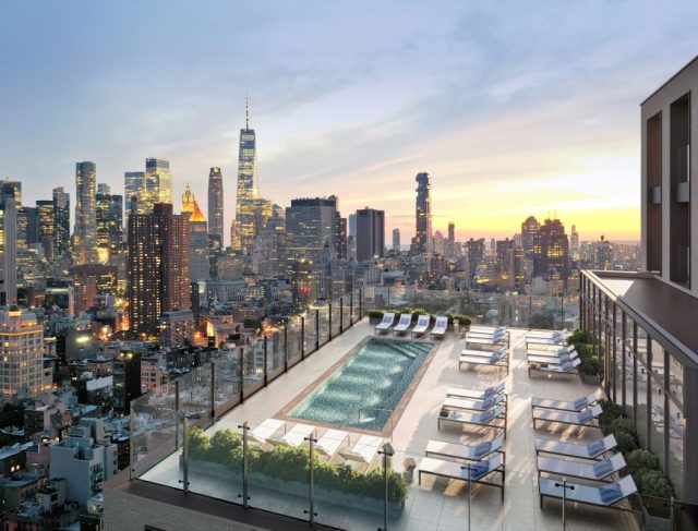 Rendering of the rooftop pool and sundeck at The Suffolk - Courtesy of The Gotham Organization