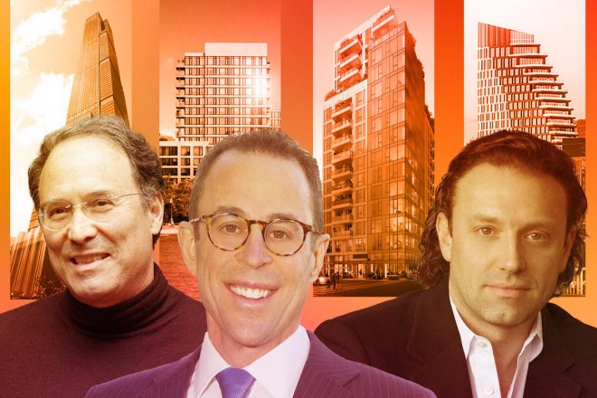 From left: Extell's Gary Barnett with 217 West 57th Street, Related's Jeff Blau with 450 Washington, 300 West 30th Street and Fortis' Jonathan Landau Olympia Dumbo