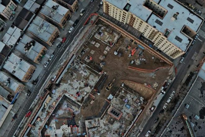 Aerial view of construction at 44-01 Northern Boulevard (March 2023)