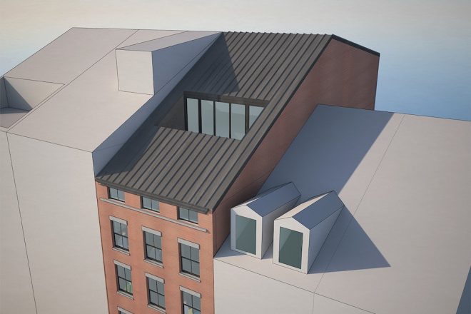 Aerial rendering of the sloped roof addition at 107 South Street - OPerA Studio Architecture
